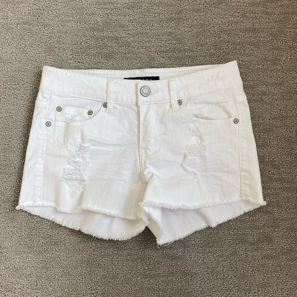 Eunina White Distressed Mid Rise Shortie Jean Shorts